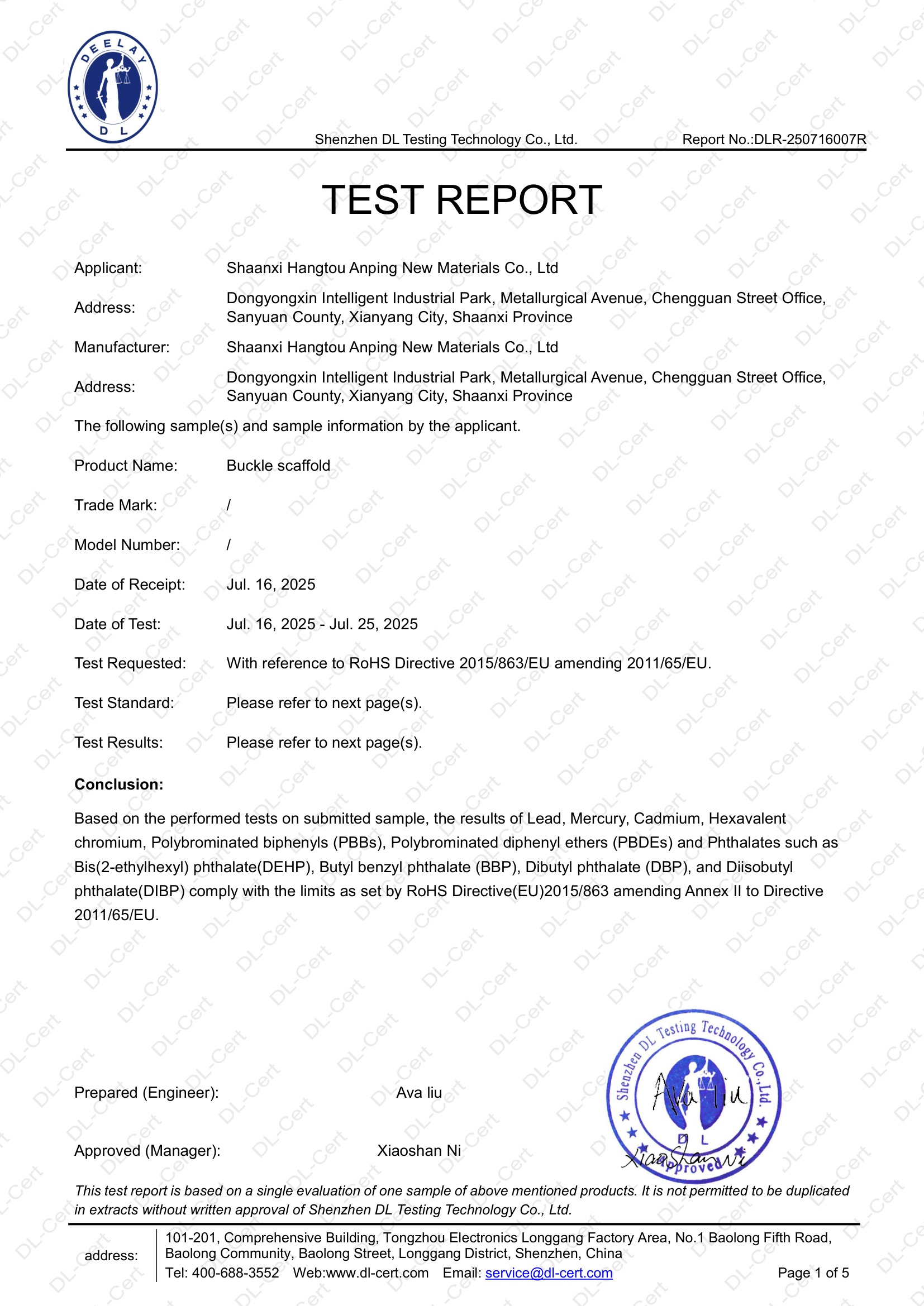 Ringlock scaffolding RoHS report