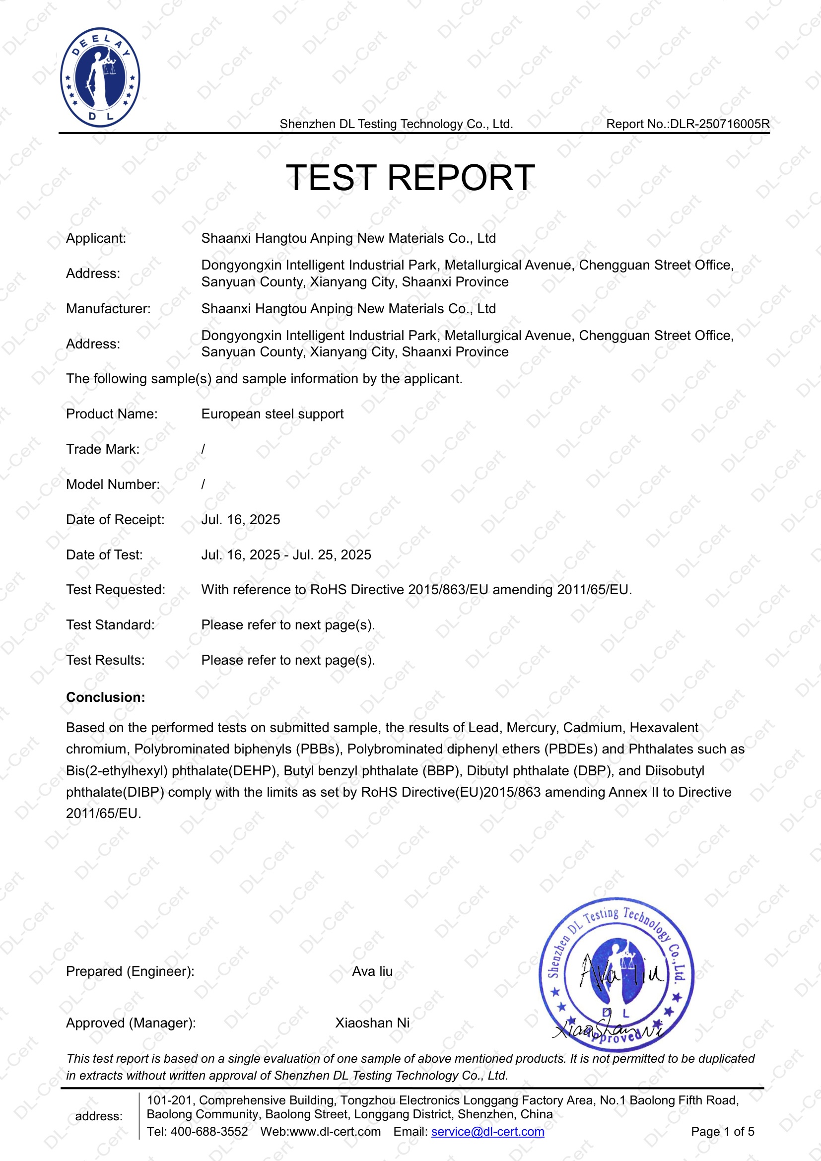 Steel support RoHS report